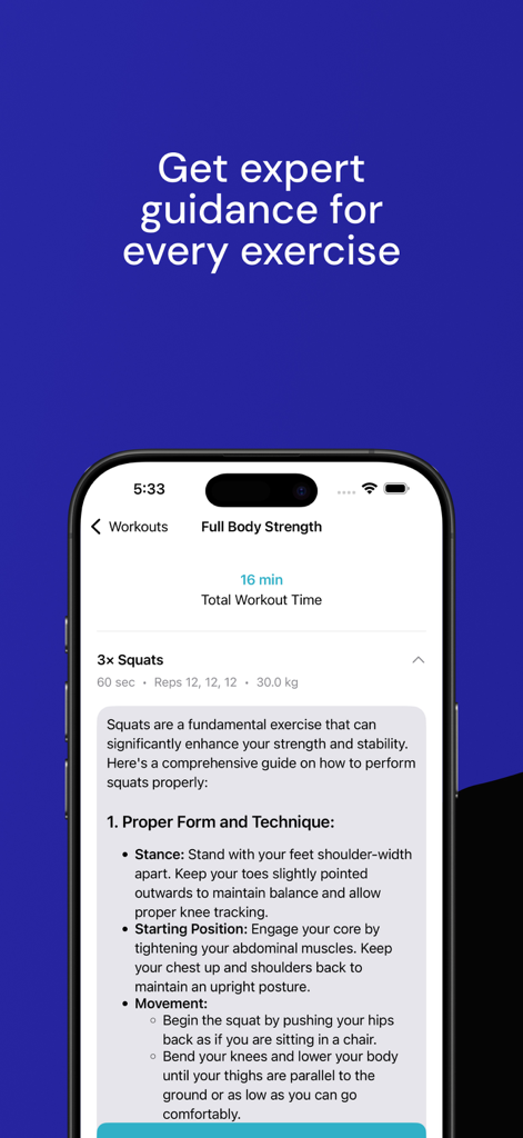A mobile phone screen showing expert squat technique instructions including stance and movement steps within the WorkoutAI app.