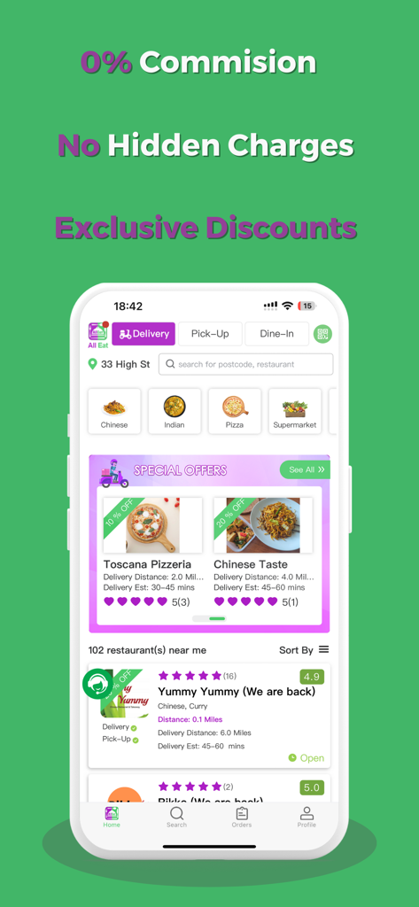 Mobile app interface of All Eat showing special offers from local restaurants with zero percent commission and no hidden charges