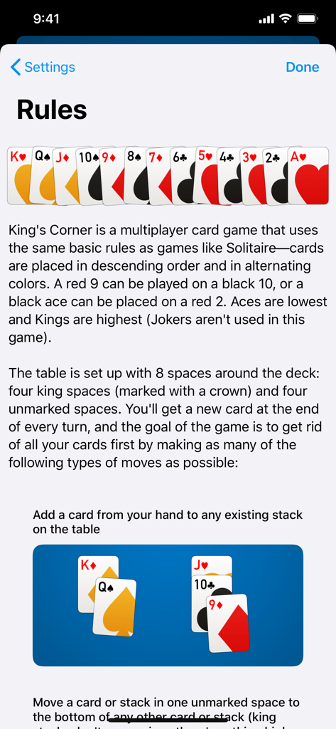 A tela de regras do jogo de cartas King's Corner explicando como jogar com exemplos de sequências de cartas e objetivos do jogo.