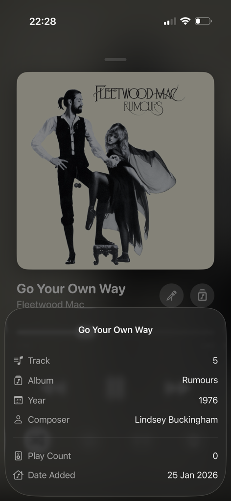 Real Shuffle Music - Real Shuffle Music app showing detailed song metadata including track number and composer