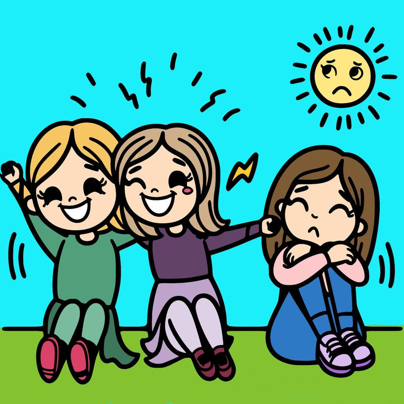 2 happy people 1 sad person just nearby but not next to the 2 happy people all 3 are girls