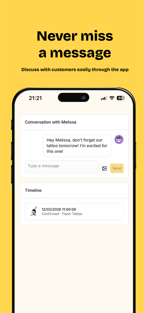 Outline - Tattoo Booking App - In-app messaging interface of Outline tattoo booking app showing a conversation with a client and an appointment timeline.