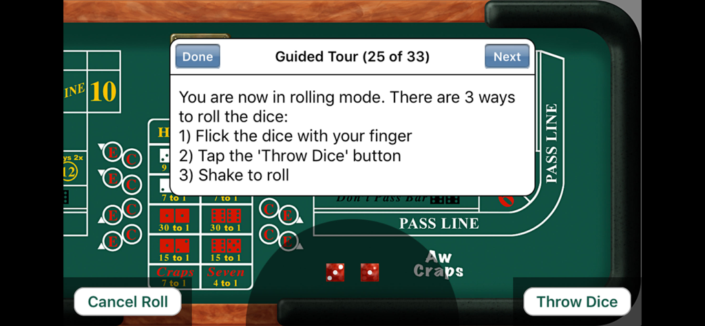 Ventana emergente de tour guiado en la aplicación Aw Craps explicando las tres formas de lanzar los dados