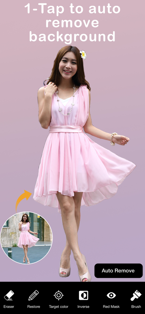 A mobile app interface showing a woman in a pink dress with the background automatically removed and a toolbar with editing tools.