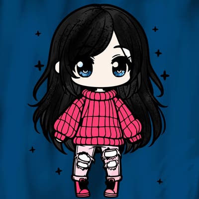 chibi girl with ripped jeans,long hair, and an oversized sweater