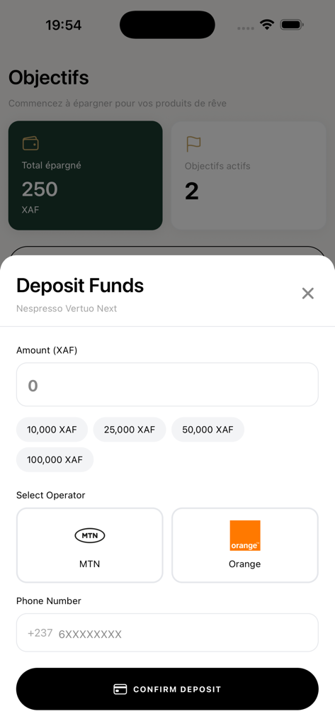 Interface of the Kauri app showing the deposit funds screen for a savings goal using MTN or Orange mobile money