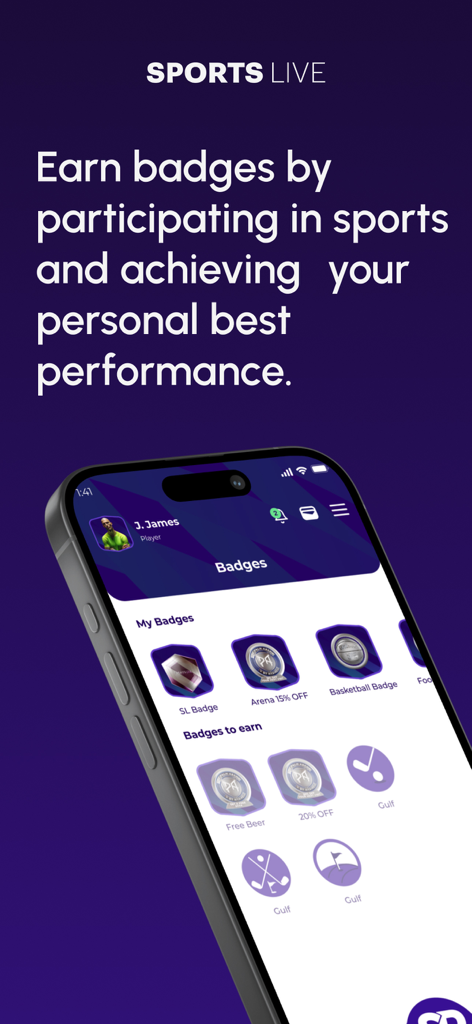 SportsPassport - SportsPassport mobile app screen displaying a user profile with earned and available achievement badges for sports performance