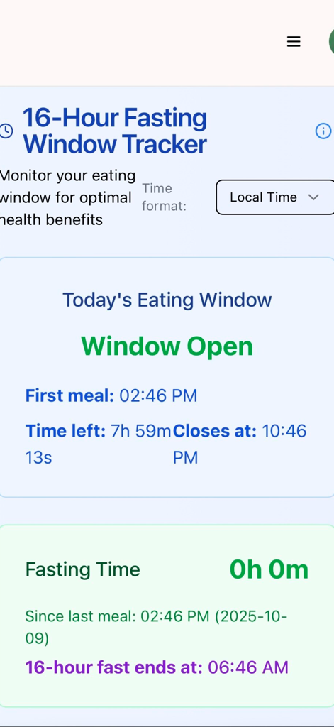 WombWisdom by Nourishment 101 - Intermittent fasting tracker screen in the WombWisdom app showing the current eating window status.