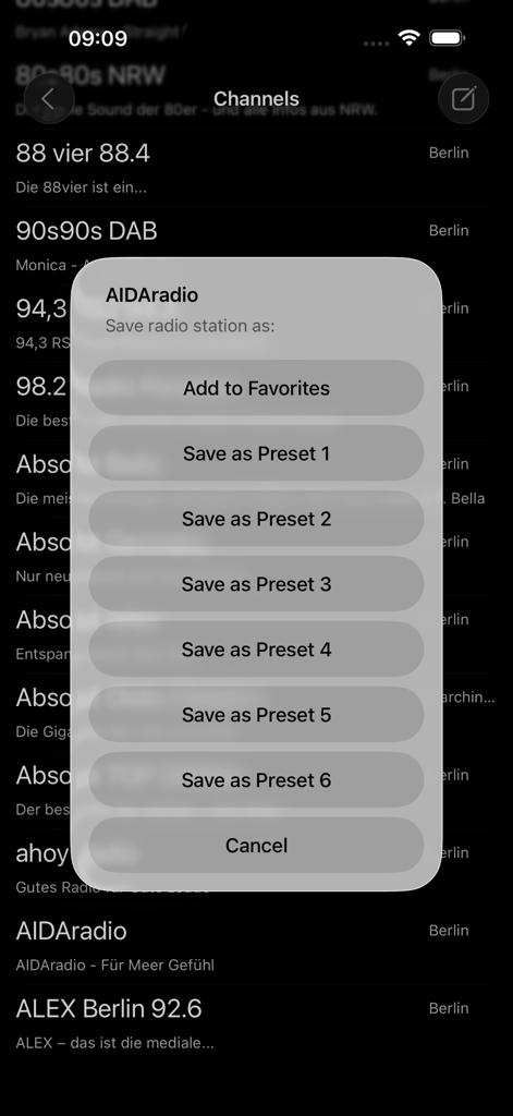 Companion for Bose SoundTouch - Smartphone screen displaying a menu to save a radio station to favorites or one of six presets within the Bose SoundTouch companion app.
