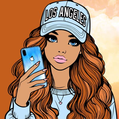 realistic beautiful girl wearing los ángeles cap holding an iphone