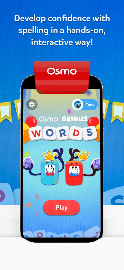 Osmo Words - Osmo Genius Words app main screen with cartoon characters and hands on spelling instruction