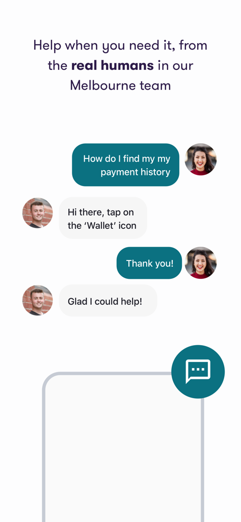 Oberfläche, die eine Chat-Konversation mit einem echten menschlichen Support-Mitarbeiter in der Sorted App zeigt.