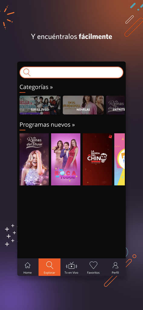América tvGO Internacional - Explore screen of the América tvGO Internacional app featuring categories and new Peruvian television programs