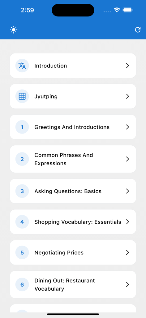 Learn Cantonese: CantoWise - Interface of CantoWise app showing a list of Cantonese lessons including Jyutping and greetings