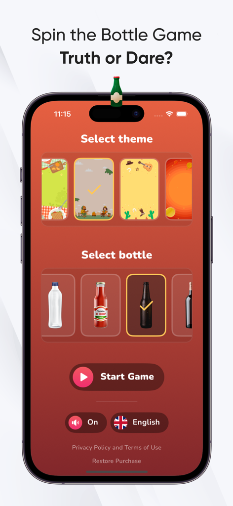 Spin the Bottle・Truth or Dare? - Theme and bottle selection screen in the Spin the Bottle Truth or Dare app