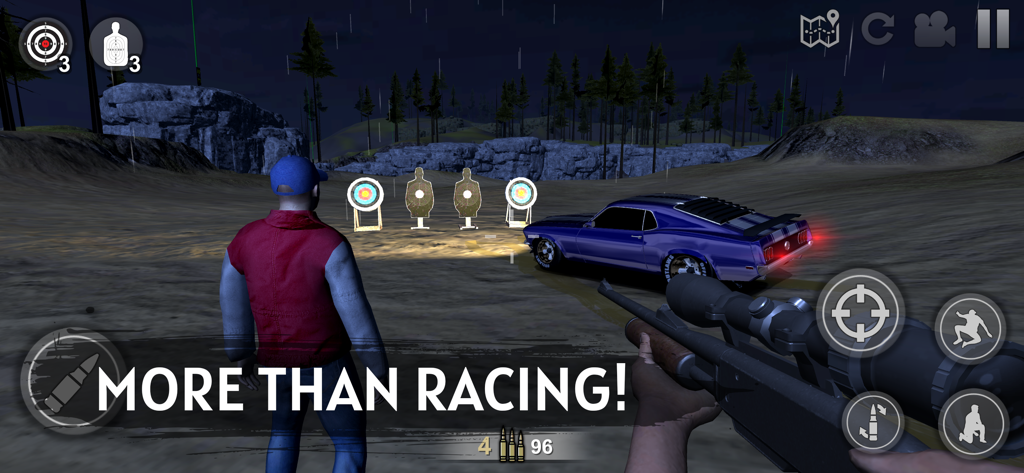 Uma visão em primeira pessoa de um desafio de estande de tiro no Offroad Outlaws apresentando um rifle com mira e um carro muscle azul clássico