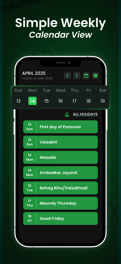 AllWorld: Holiday Calendar - Weekly view of the AllWorld holiday calendar app displaying global religious and cultural holidays in April 2025