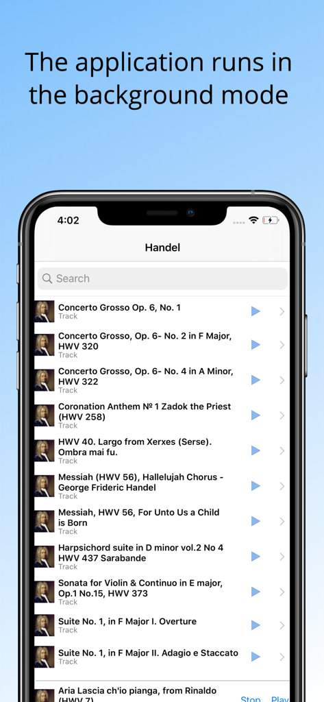 iPhone screen showing a list of Handel classical music tracks with a background playback notification