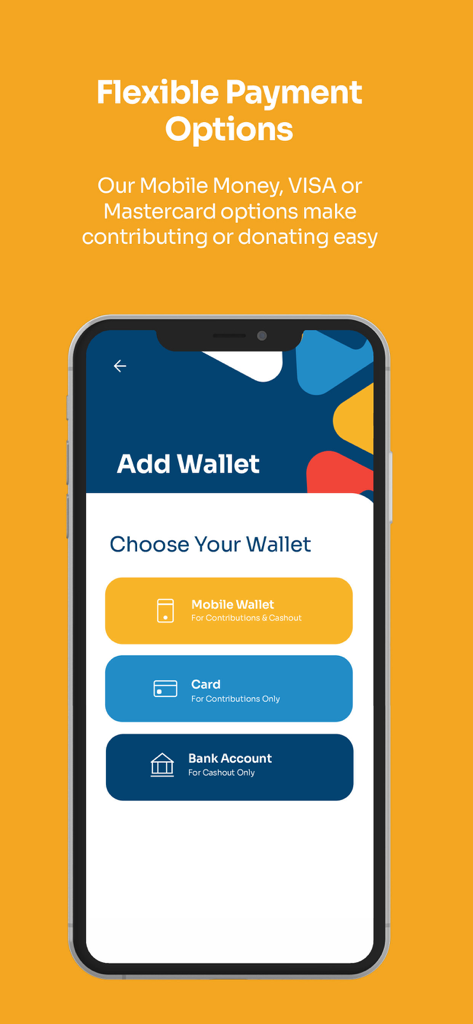 Chango - Groups & Crowdfunding - Écran de l'application Chango montrant des options de paiement flexibles pour la carte de portefeuille mobile et le compte bancaire