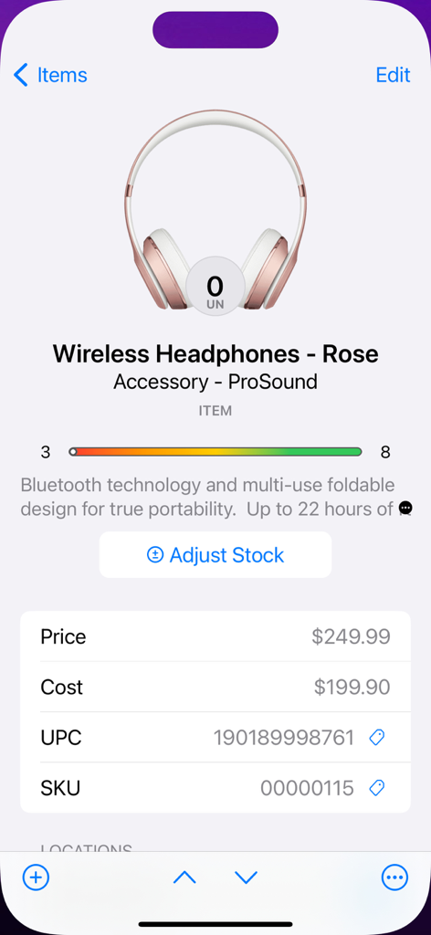 Scan Me - Product WebLink QR - Eine mobile App-Oberfläche zeigt Details zum Produktbestand für Rose Wireless Kopfhörer, einschließlich Preis, Kosten, UPC und SKU