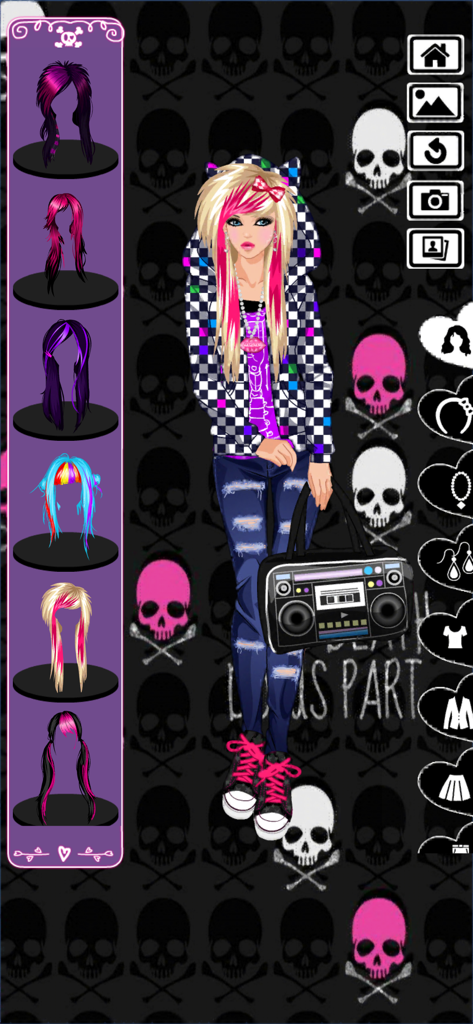 Character customization screen in Emo Dress Up game showing alternative hairstyles and scene fashion