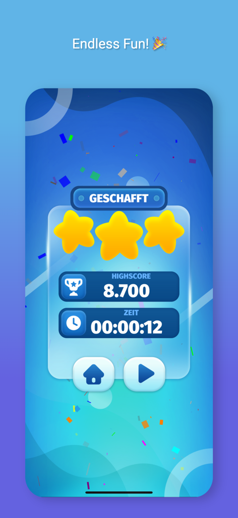 Tela de conclusão de nível do Sudoku Up com três estrelas e pontuação alta