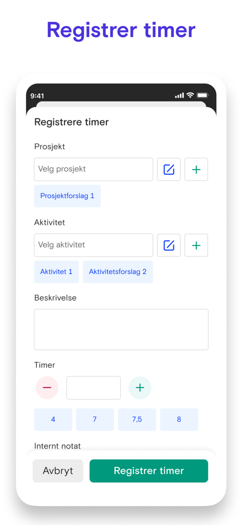 Fiken time tracking app screen showing the form to register hours with project and activity selection