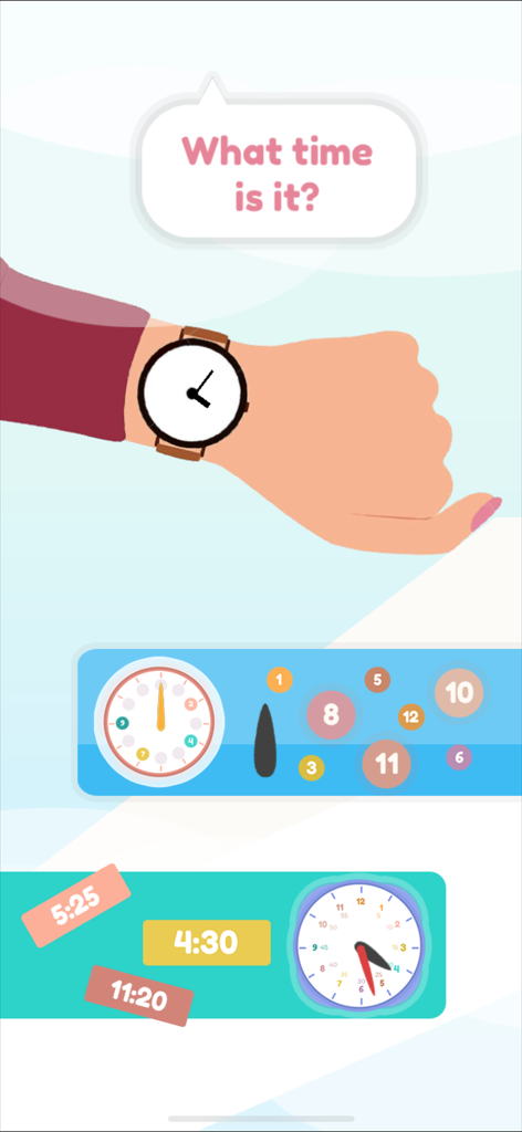 Clock For Kids : Discover Time - Child friendly app interface showing interactive analog and digital clocks for learning to tell time