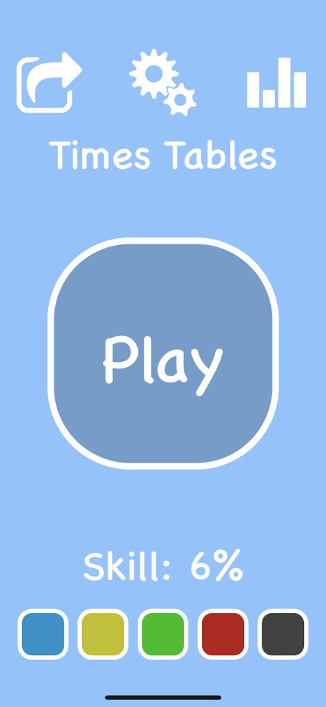 Menú principal de la aplicación Cool Times Tables Flash Cards que muestra un botón de reproducción y el progreso del nivel de habilidad actual