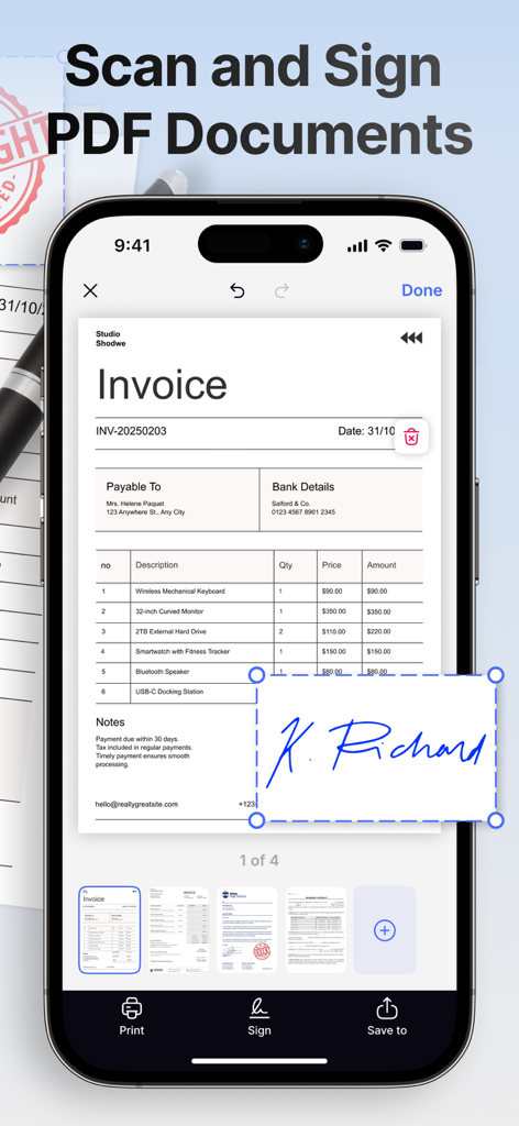 Mobile app interface showing a handwritten digital signature being applied to a PDF invoice document