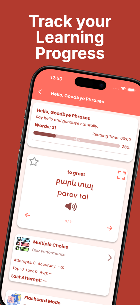 Interfaz de la aplicación Aprende Armenio para Principiantes mostrando tarjetas de frases y seguimiento del progreso de aprendizaje.