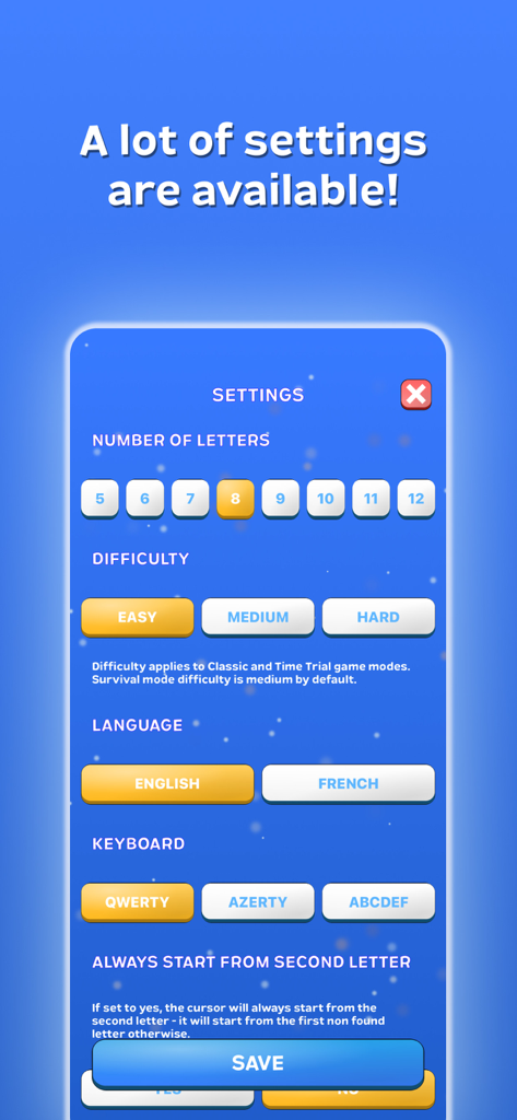 Settings screen of Play Motus showing customizable options for word length, difficulty levels, English or French language, and keyboard layouts.