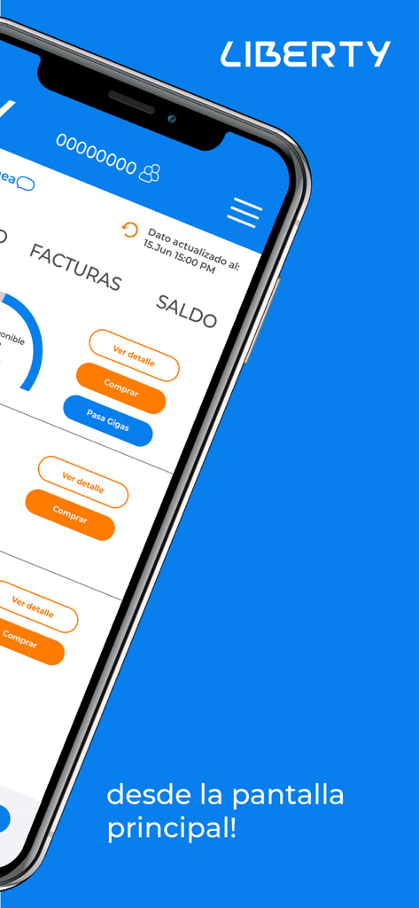 Mi Liberty - Smartphone showing the Mi Liberty app main screen with options to manage bills, balance, and data packages.