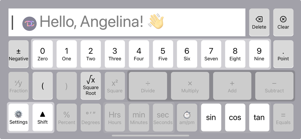 DysCalculator app interface featuring a specialized keyboard with word labels for numbers and math operators for dyscalculia support