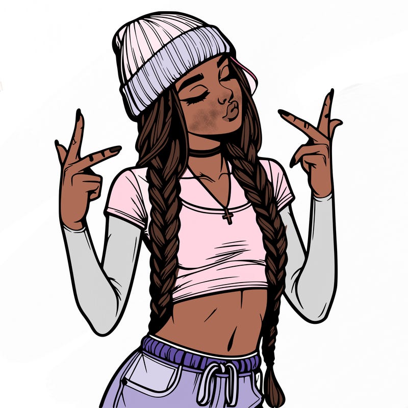 realistic teenage girl with braids and a beanie and crop top doing 🫶🏼