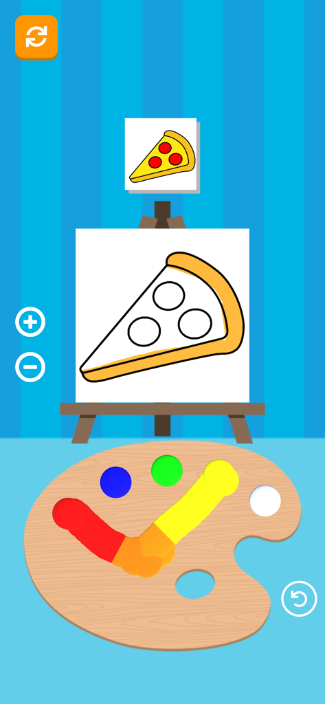 Mix & Paint - Mix and Paint game interface showing a pizza slice drawing and a color palette with mixed paints