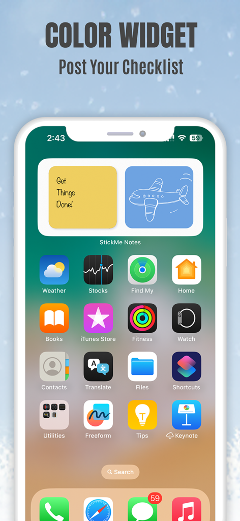 Sticky Notes App Remind Widget - iPhone home screen displaying yellow and blue sticky note widgets with a checklist and airplane drawing