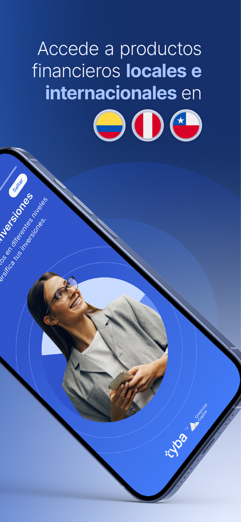 tyba por Credicorp Capital - Écran de smartphone montrant l’application tyba avec des options d’investissement pour la Colombie, le Pérou et le Chili