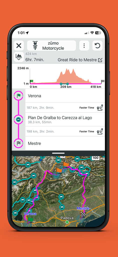 Garmin Tread app interface showing a detailed motorcycle route plan with an elevation profile and topographic map