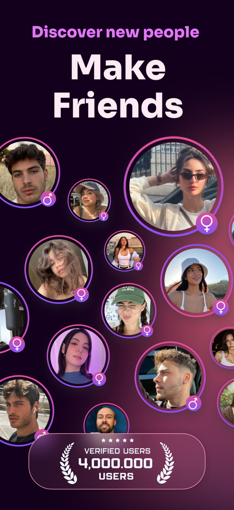 Fotos de perfil de un grupo diverso de usuarios en burbujas circulares en la interfaz de la aplicación Lovi con el texto Descubre nuevas personas y Haz amigos