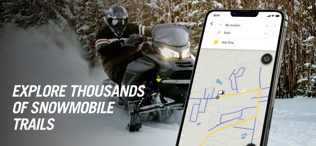 BRP GO!: Maps & Navigation - A snowmobile rider in action next to a smartphone displaying the BRP GO navigation app with trail maps.