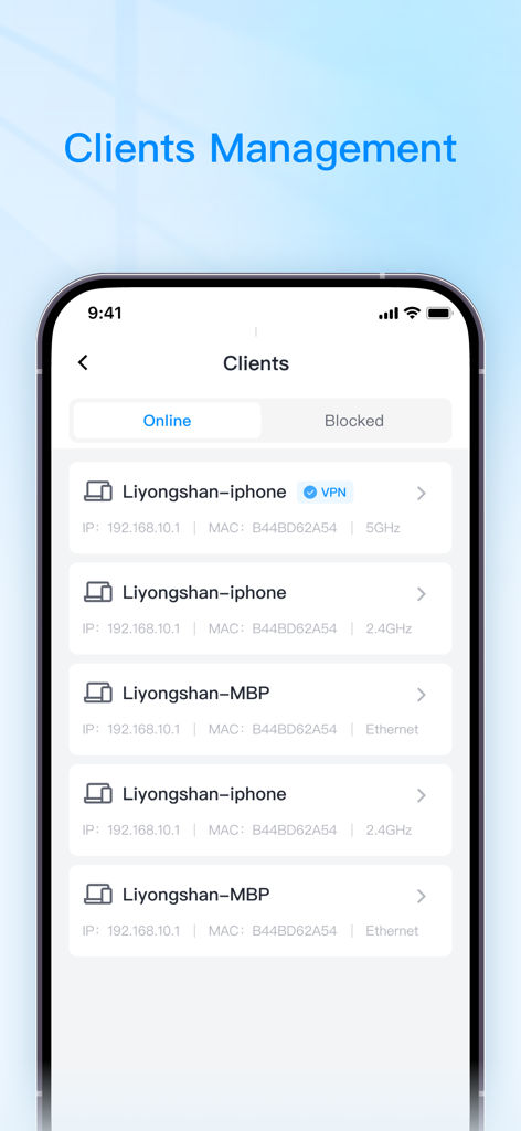 Cudy - Cudy app screenshot showing the client management screen with a list of connected devices on a home Wi-Fi network.