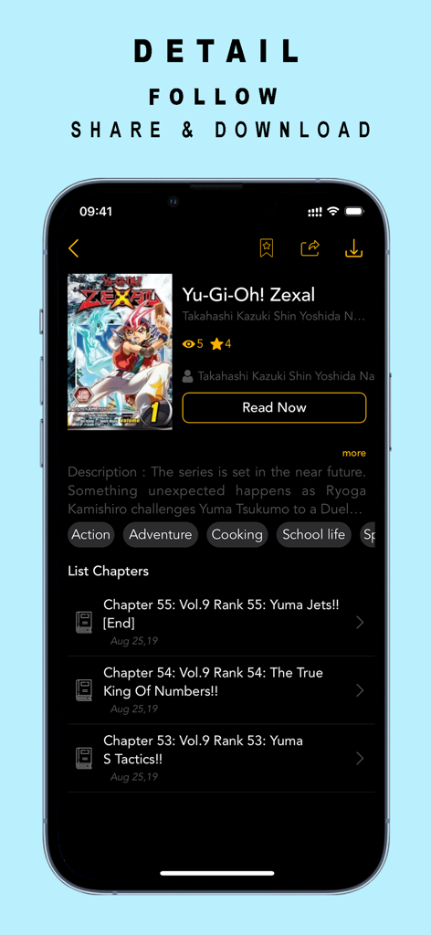 Manga Reader - MangaKakalot - Manga Reader app interface showing details for Yu Gi Oh Zexal including chapter list and read now button