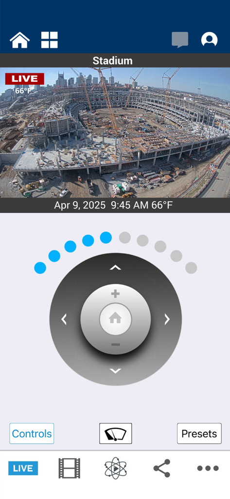 EarthCam - EarthCam Control Center app interface showing a live video feed of a stadium construction site with remote camera control buttons.