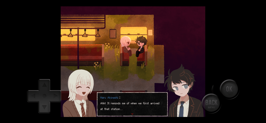 Twilight Railway - Two characters talking inside a sunset lit train car in the game Twilight Railway