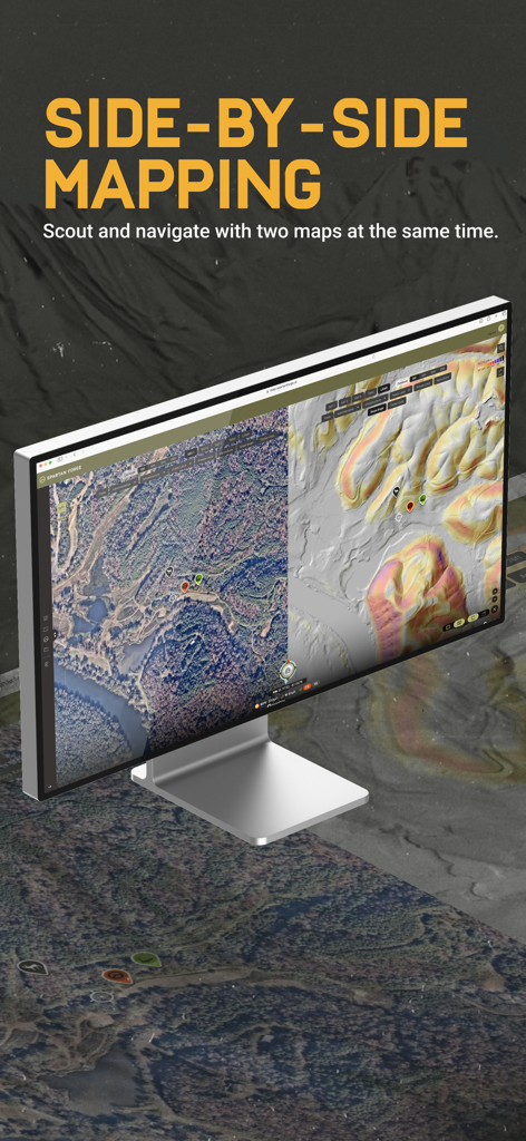 Desktop monitor displaying the Spartan Forge Hunt app with side by side satellite and LiDAR mapping views