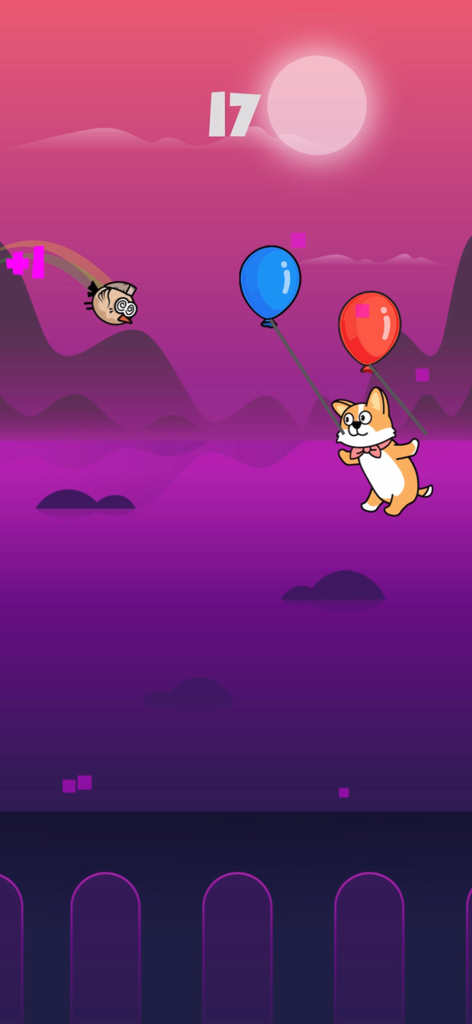 Balloon pop party - A cute corgi dog flying with blue and red balloons in a purple sunset sky