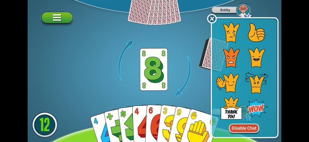 Gameplay screenshot of TAKI card game with cards and reaction emojis