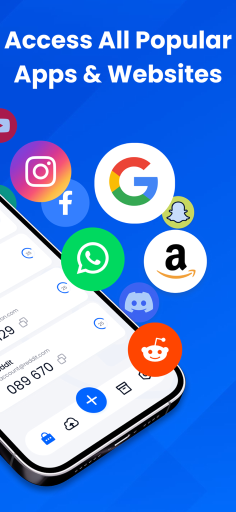 Authenticator-2FA,TOTP,MFA,OTP - 主要なソーシャルメディアやサービスアカウントとの互換性を示す認証アプリのインターフェース。