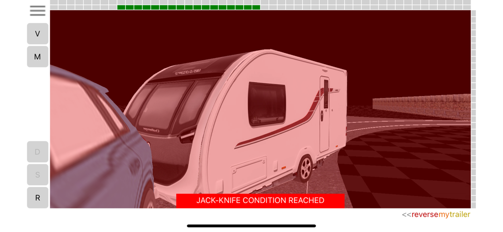ReverseMyTrailer - Simulation showing a car and caravan with a jackknife condition reached warning.